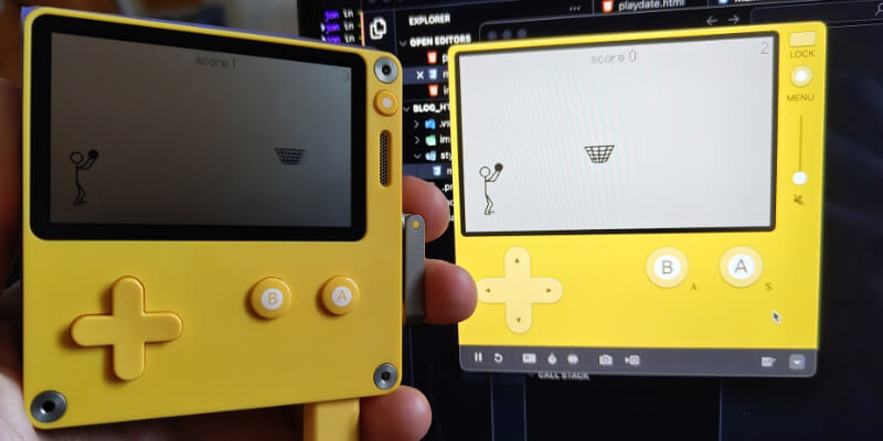 Playdate console being held in one hand, a computer screen is shown behind. Both have the same game being played