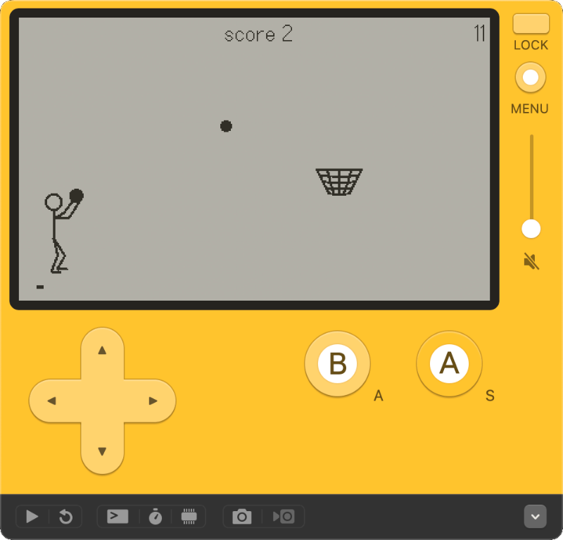 The playdate simulator - it shows some debug controls and an in-development game being played